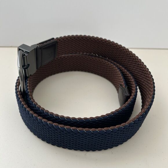 Cole Haan Reversible Belt Stretch Fabric Woven Mens Sz 42-44 XL Navy Blue Brown - Picture 2 of 10